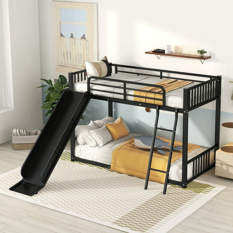 Twin Over Twin Metal Bunk Bed with Slide Black