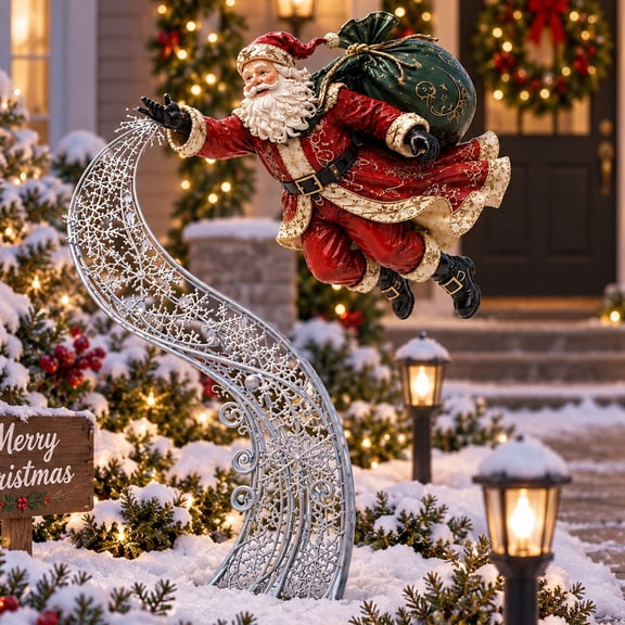 Clearance! Metal Santa Claus Garden Stake Christmas Outdoor Yard Decorations, Flying Santa with Gift Bag & Snowflake Frame, Winter Patio Lawn Pathway Decor, Holiday Front Porch Display Ornament