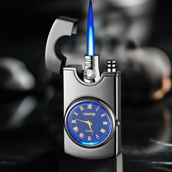 Metal Windproof Lighter with Real Clock Dial Blue Flame USB Rechargeable Outdoor Camping Survival Gear Men’s Luxury Gift