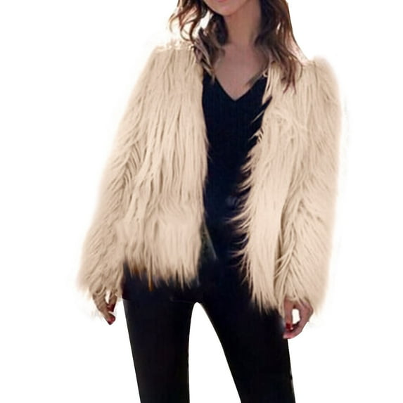 Clearance! Mifelio Faux Fur Coat Women's Solid Color Faux Coat Long Sleeves Jacket Outerwear Tops Warm Winter Winter Coats for Women Khaki L