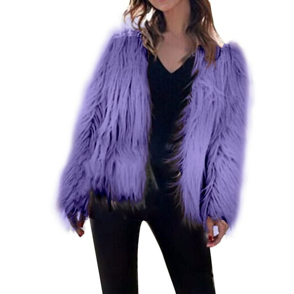 Clearance! Mifelio Faux Fur Coat Women's Solid Color Faux Coat Long Sleeves Jacket Outerwear Tops Warm Winter Winter Coats for Women Purple L