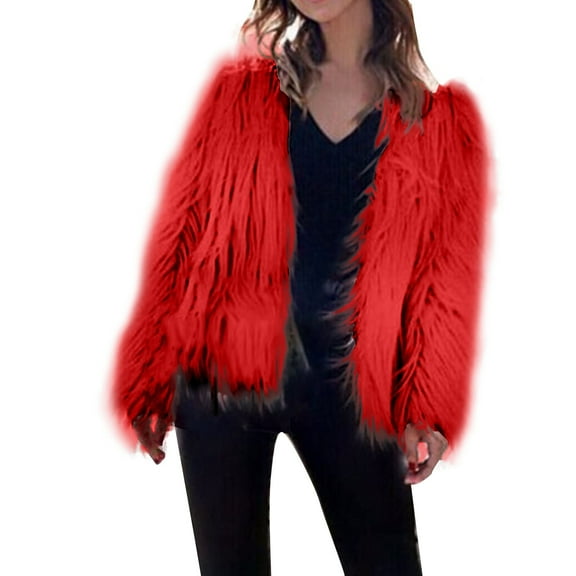 Clearance! Mifelio Faux Fur Coat Women's Solid Color Faux Coat Long Sleeves Jacket Outerwear Tops Warm Winter Winter Coats for Women Red2 L
