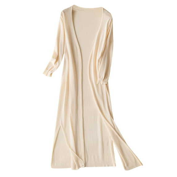 Mifelio Cardigan for Women Ladies' Solid Linen Ice Cotton and Linen Knit Cardigan Midi Long Cardigans for Women Trendy Beige XXXL
