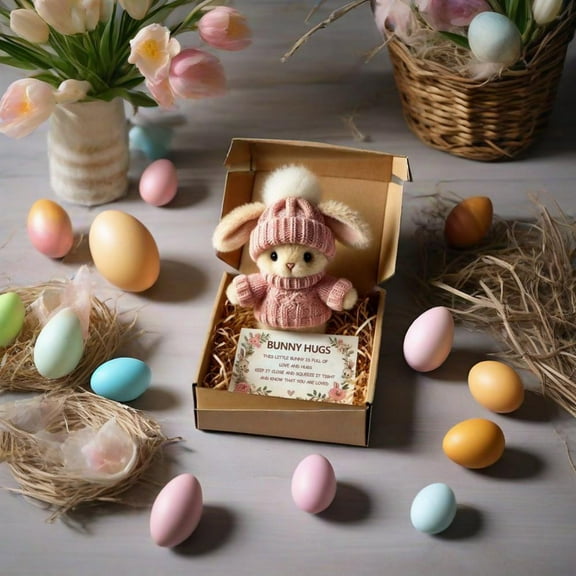 Clearance!Mini Bunny Hug Cute Easter Gift, Easter Plush Bunny with Knitted Hat and Pom Pom, Soft Pocket Emotional Support Rabbit with Gift Box & Card,Pink