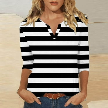 Clearance Mrasaso 3/4 Sleeve Tops for Women Summer Striped Notched V Neck Plain T Shirts Casual Cute Three Quarter Length Dressy Blouses