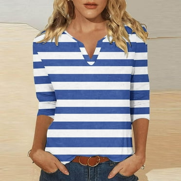Clearance Mrasaso 3/4 Sleeve Tops for Women Summer Striped Notched V Neck Plain T Shirts Casual Cute Three Quarter Length Dressy Blouses