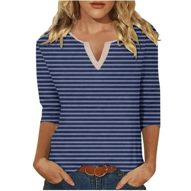 Clearance Mrasaso 3/4 Sleeve Tops for Women Summer Striped Notched V Neck Plain T Shirts Casual Cute Three Quarter Length Dressy Blouses