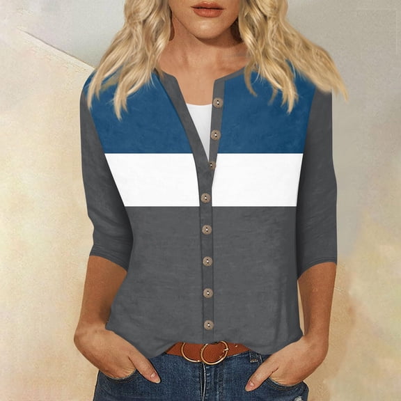 Clearance Mrasaso Button Down Shirts for Women 3/4 Length Sleeve Lightweight Summer Cardigan Casual V Neck Three Quarter Length Cute Tops