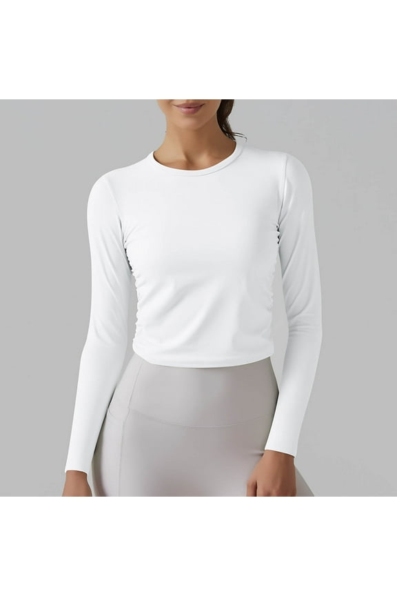 Clearance Mrasaso Long Sleeve Crop Workout Tops for Women Slim Basic Athletic Tee Shirts Cropped Running Gym Yoga Shirts