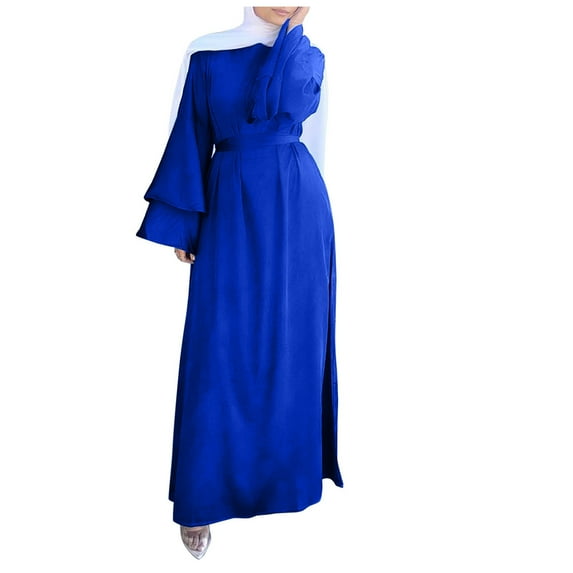 Clothing Muslim Dress,Women's Fashion Solid Color O-Neck Long Sleeve Satin Soft Waist And Ankle Dress
