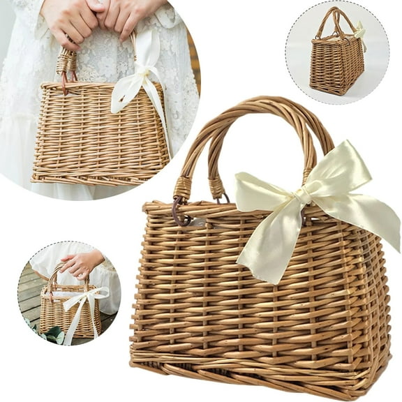 Clearance!Musol Flower Girl Basket Boho Style Rattan Baskets with White Ribbon for Weddings, Classic Wicker Handbag Basket Purse Baskets Bags Women Straw Tote with Handle