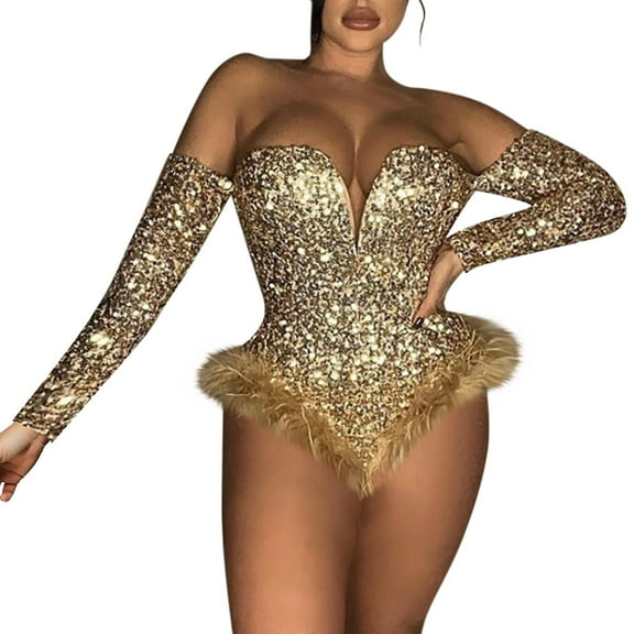 NMMUED Bodysuits for Women, Sequin Bodysuit, Sparkly Bodysuit for Women, Strapless Bodysuit, Party Outfits for Women, Gold L
