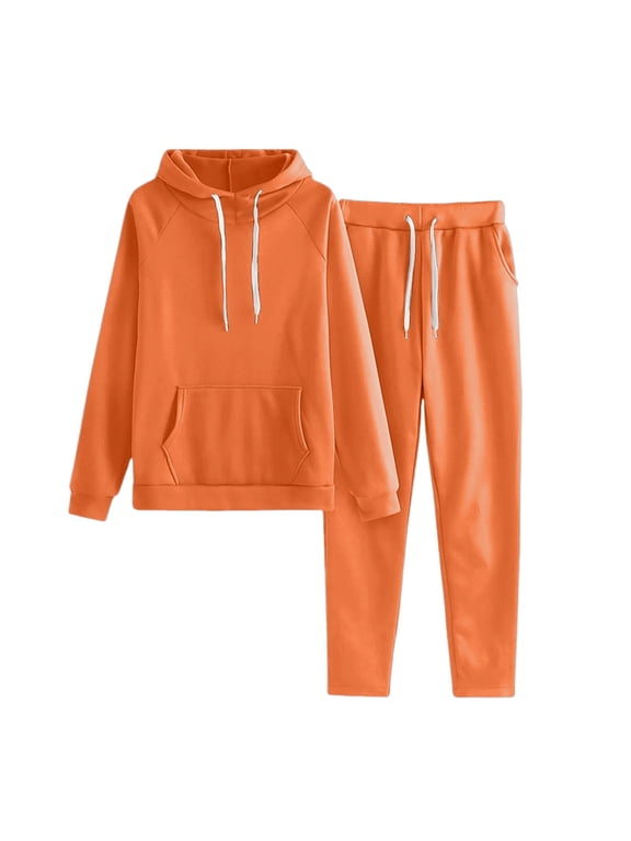 Clearance!NMMUED Hoodie Set, Sweat Set, Hoodie and Sweatpants Set for Women, Sweat Suit, Sweatsuits Women 2 Piece Outfit, Orange L