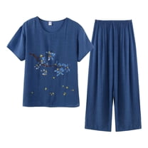 NMMUED Linen Outfits Women 2 Piece, Two Piece Sets for Women Summer, Gauze Shirts for Women, Baggy Pants, Beach Vacation Clothes for Women, Blue XXL