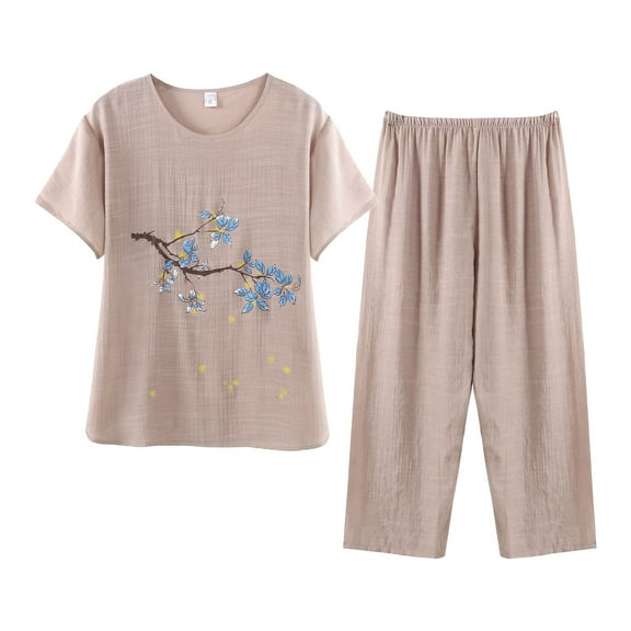 NMMUED Linen Outfits Women 2 Piece, Two Piece Sets for Women Summer, Gauze Shirts for Women, Baggy Pants, Beach Vacation Clothes for Women, Khaki XXL