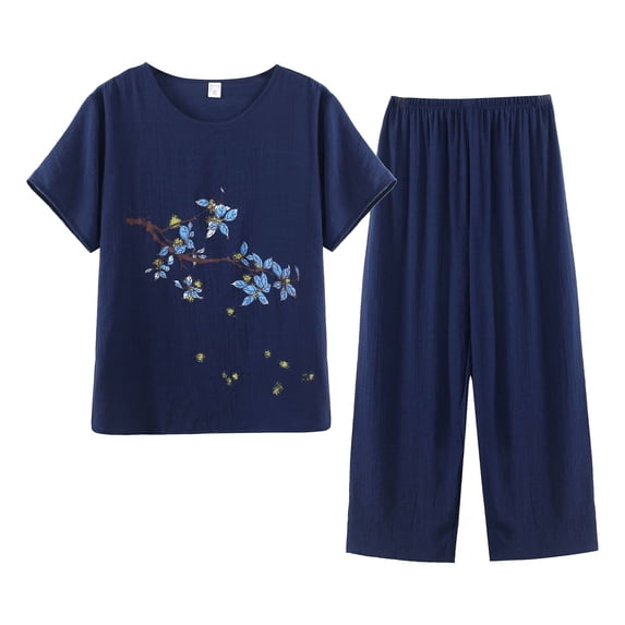 Clearance!NMMUED Linen Outfits Women 2 Piece, Two Piece Sets for Women Summer, Gauze Shirts for Women, Baggy Pants, Beach Vacation Clothes for Women, Navy 3XL