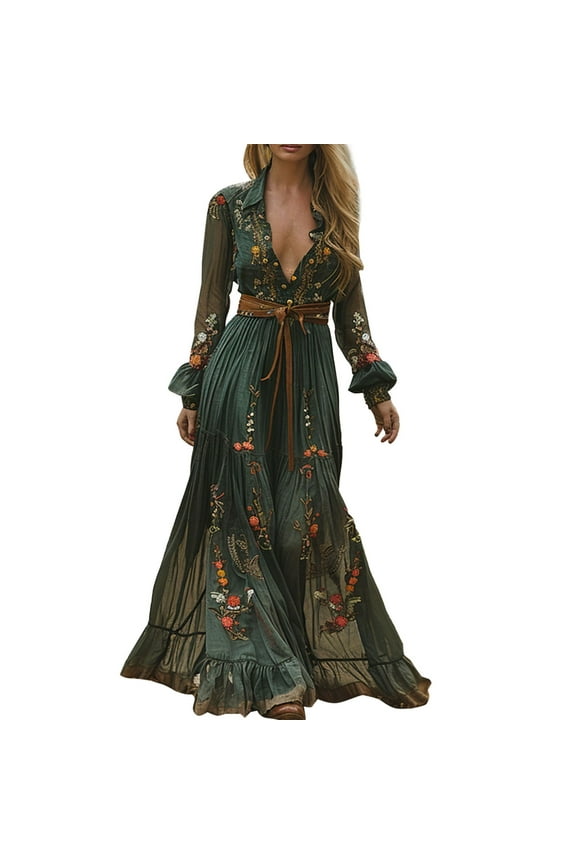 Maxi Dresses for Women 2025, Long Sleeve Dress for Women, Floral Dress for Women, Flowy Dresses for Women, Vintage Dress for Women, Green L