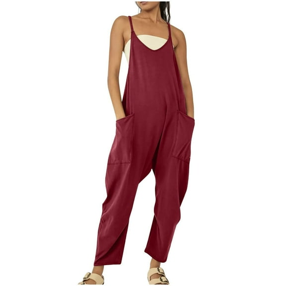 Clearance!NMMUED Overalls for Women Loose Fit, Rompers for Women, Baggy Overalls for Women, Beach Vacation Clothes for Women, Flowy Jumpsuits for Women, Red 1 S