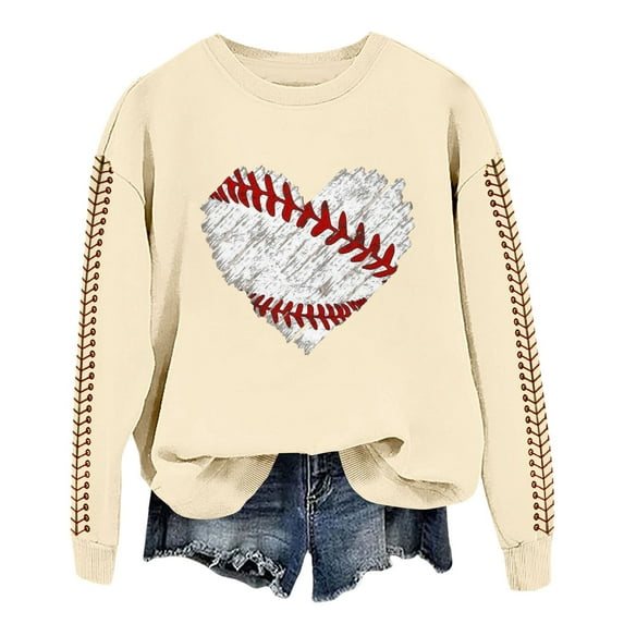 NMMUED Pullover Sweatshirts for Women, Spring Tops for Women, Crew Neck Sweatshirts Women, Baseball Sweatshirt Women, Oversized Sweatshirt for Women, Beige L