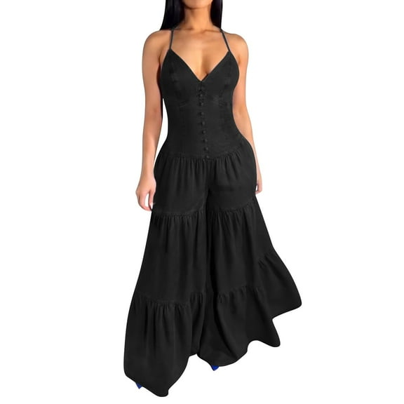 Clearance!NMMUED Wide Leg Jumpsuits for Women, Sleeveless Jumpsuits for Women, V Neck Jumpsuits for Women, Backless Jumpsuit for Women, One Piece Jumpsuits for Women, Black XL