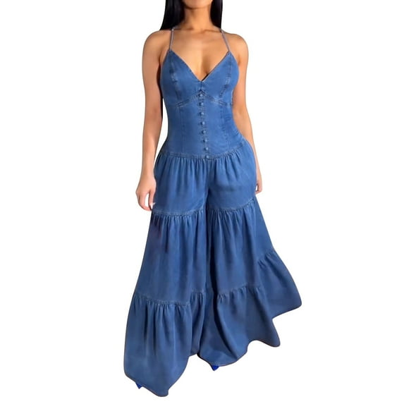 Clearance!NMMUED Wide Leg Jumpsuits for Women, Sleeveless Jumpsuits for Women, V Neck Jumpsuits for Women, Backless Jumpsuit for Women, One Piece Jumpsuits for Women, Dark Blue 3XL