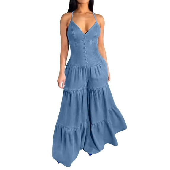 Clearance!NMMUED Wide Leg Jumpsuits for Women, Sleeveless Jumpsuits for Women, V Neck Jumpsuits for Women, Backless Jumpsuit for Women, One Piece Jumpsuits for Women, Light Blue L