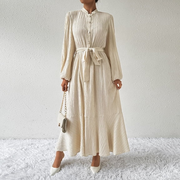 Ndbuld Spring Dresses for Women Women's Long Sleeved Solid Color Textured Button Up Dress with Lantern Sleeves And Waist Cinching Long Dress,Beige,M