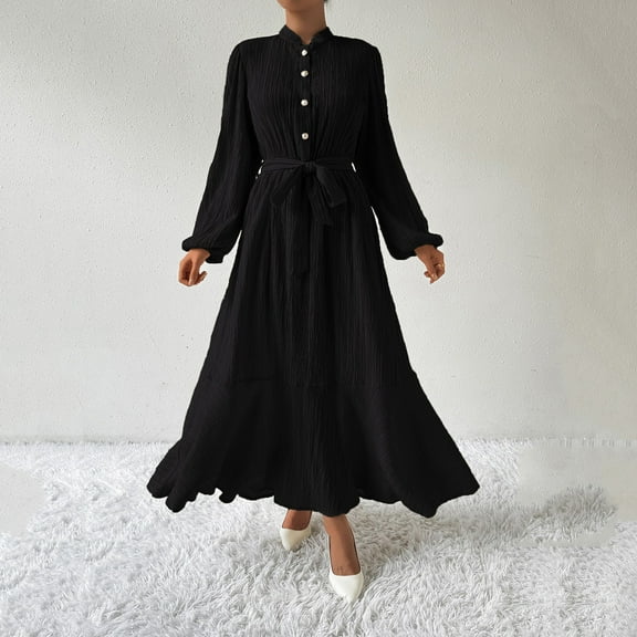 Ndbuld Spring Dresses for Women Women's Long Sleeved Solid Color Textured Button Up Dress with Lantern Sleeves And Waist Cinching Long Dress,Black,M