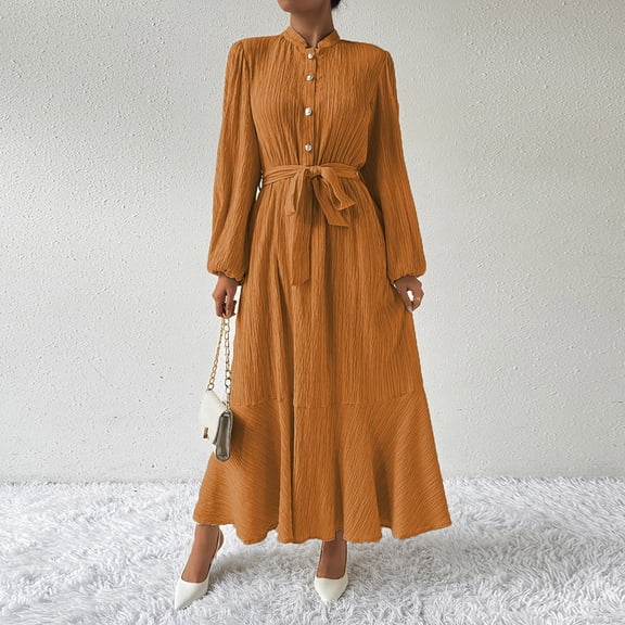 Ndbuld Spring Dresses for Women Women's Long Sleeved Solid Color Textured Button Up Dress with Lantern Sleeves And Waist Cinching Long Dress,Khaki,XL