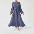 thumbnail image 1 of Ndbuld Spring Dresses for Women Women's Long Sleeved Solid Color Textured Button Up Dress with Lantern Sleeves And Waist Cinching Long Dress,Navy,L, 1 of 1
