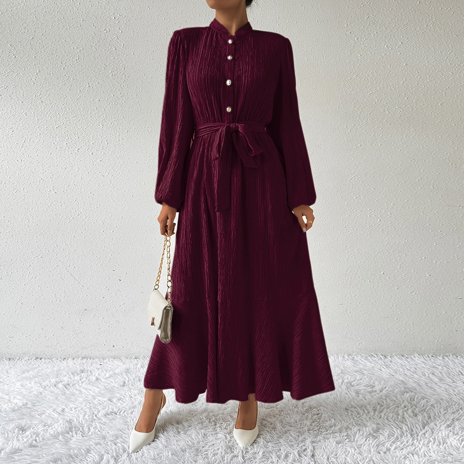 Ndbuld Spring Dresses for Women Women's Long Sleeved Solid Color ...