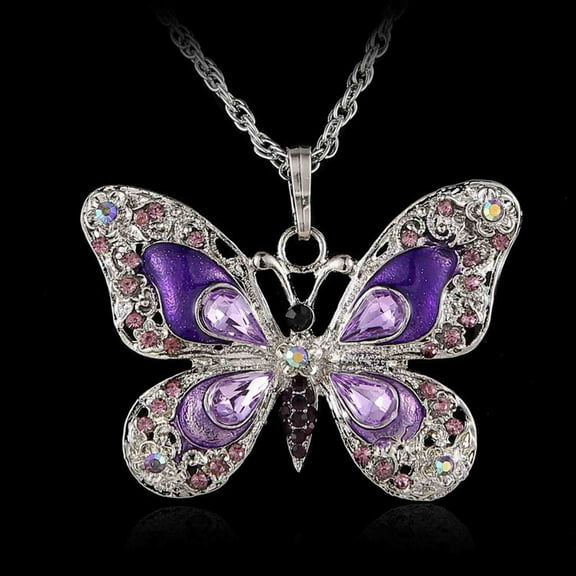 Clearance Necklaces for Women，1Pcs Beautiful Alloy Rhinestone Butterfly Long Necklaces Sweater Necklace Fashion Enamel Butterfly Necklace for Women （Purple）