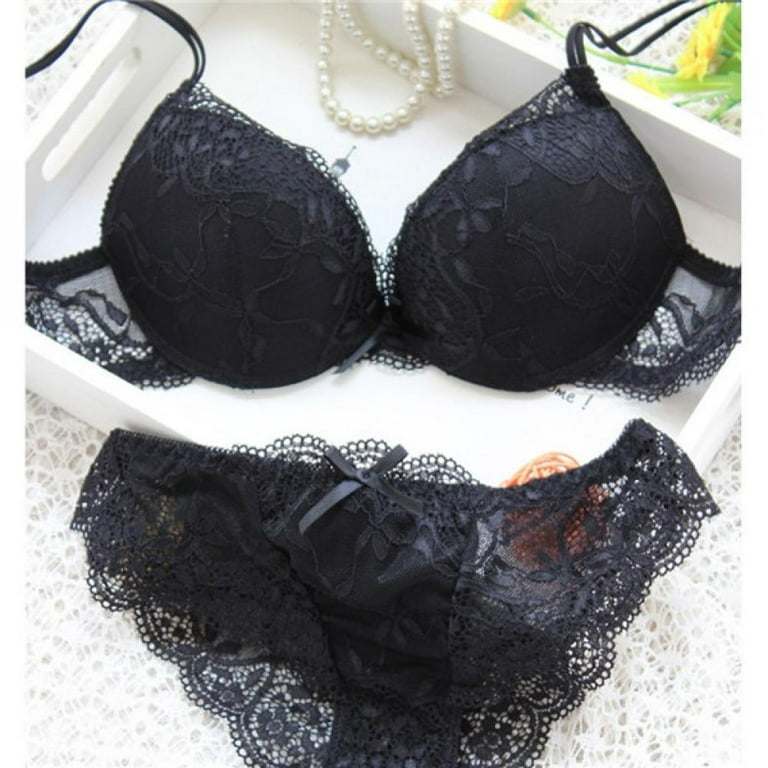 Clearance!New Women Cute Underwear Satin Lace Embroidery Bra Sets with  Panties Black 36/80B