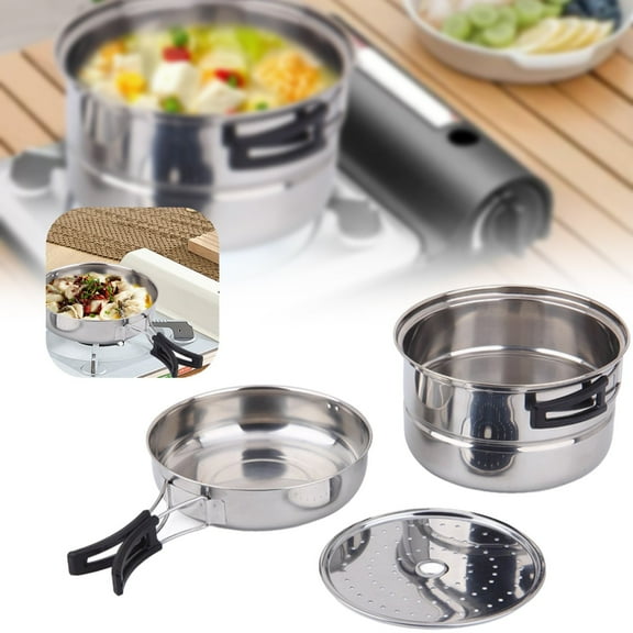Clearance Non-Stick Pan under $10,3Pcs Camping Cookware Set Stainless Pot Frying Pan Steaming Rack Outdoor Home Kitchen Cooking Set
