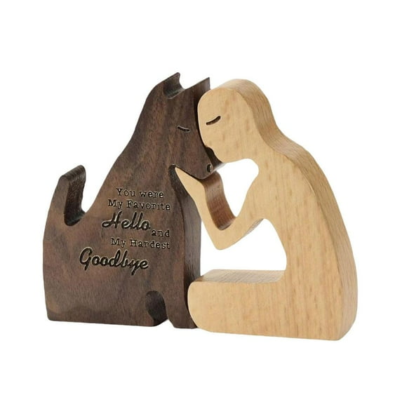 Clearance Now! Hand Carved Wood Dog Human Statue Pet Memorial Ornaments Figurine for Dog L A7H3