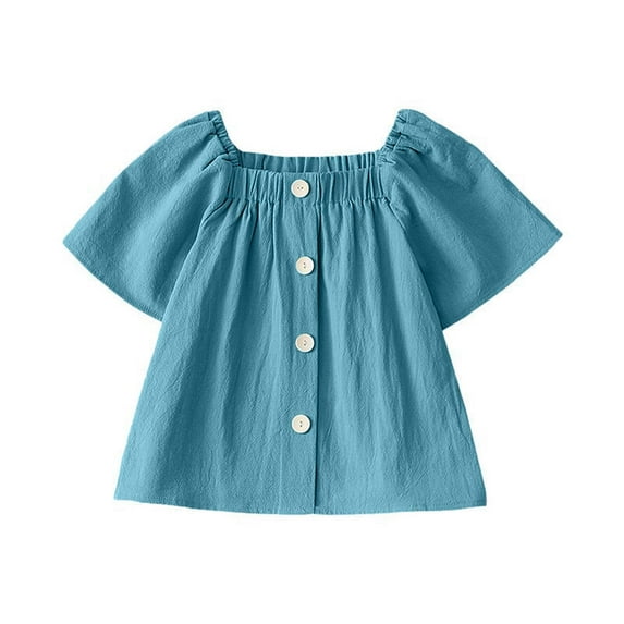 OGLCCG Girls Short Sleeve Tops Casual Square Neck Button Pleated T Shirts Kids Summer Peplum Babydoll Tees Blouses Size 6-16 Years