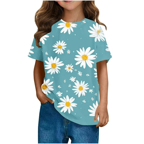 OGLCCG Girls Summer T Shirts Floral Printed Short Sleeve Crew Neck Shirts Dressy Casual Blouses for Kids Teens Size 3-14 Years