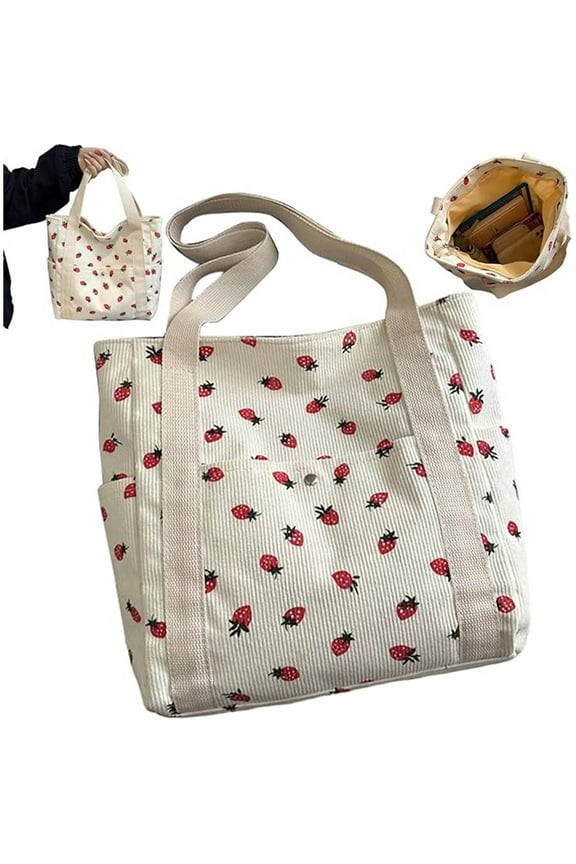Clearance Office&Craft&Stationery under $10,Strawberry Bag Large Capacity Corduroy Tote Bag With Zip And Multi Pockets Cute Strawberry Purse With Handle For Women School Travel