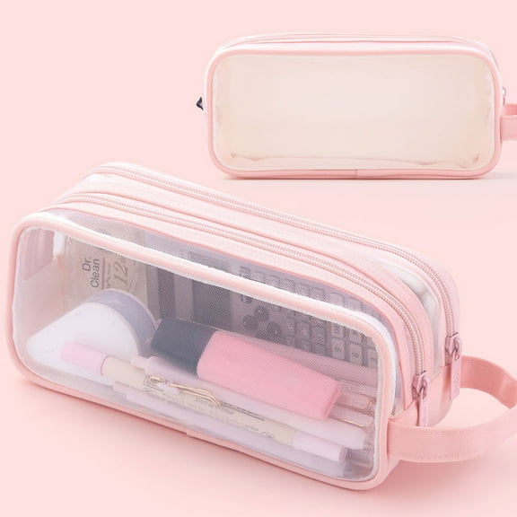 Clearance Office&Craft&Stationery under $5,Large Grid Mesh Pencil Case 2 Compartment Pen Bag Clear Handheld Multifunction Pencil Pouch Transparent Makeup Bag For Teen Student College Business T