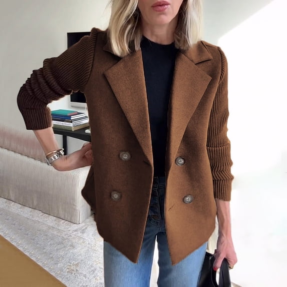 Clearance! Ogiraw Blazers For Women Business Casual Women's Lapel Button Knitted Patchwork Sleeve Casual Coat Cropped Double Breasted Suit Sweater For Women Women'S Blazers & Suit Jackets Brown