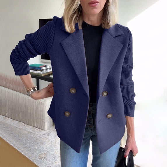 Clearance! Ogiraw Blazers For Women Business Casual Women's Lapel Button Knitted Patchwork Sleeve Casual Coat Cropped Double Breasted Suit Sweater For Women Women'S Blazers & Suit Jackets Blue