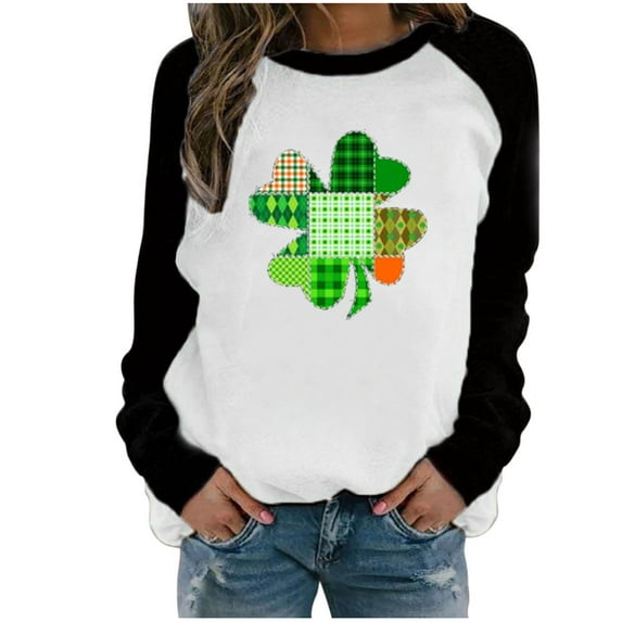 Ohufall Long Sleeve Shirts For Women, Spring Patchwork St. Patrick's Day Printed Round Neck Casual Loose Tee Pullover Women Tops