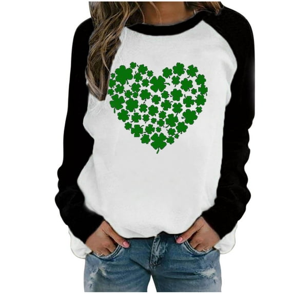 Ohufall Long Sleeve Shirts For Women, Spring Patchwork St. Patrick's Day Printed Round Neck Casual Loose Tee Pullover Women Tops