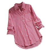 Clearance On Sale! Juebong Womens Casual Loose Plaid Long Sleeve Pockets Plus Size Tanic Blouse Tops Shirt,Red,L
