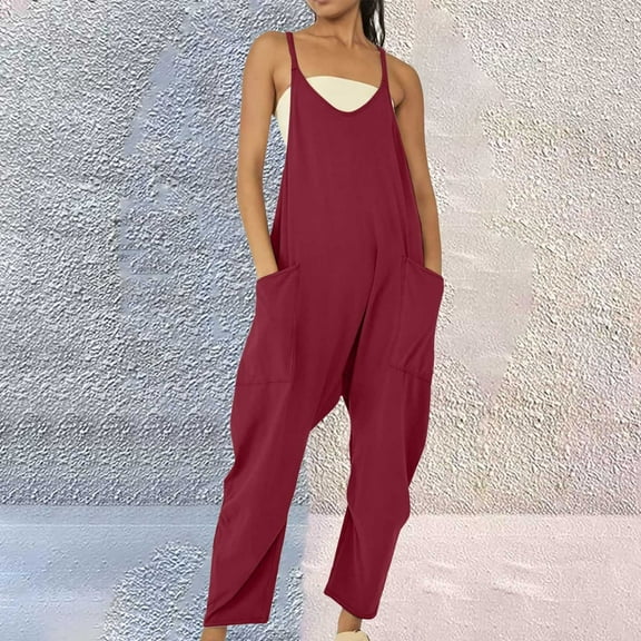 Clearance! One Piece Jumpsuits For Women Womens Casual Summer Jumpsuit Sleeveless Loose Solid Color Strap Loose Jumpsuit Pocket Jumpsuit For Women Plus Size Jumpsuit For Curvy Women Red2 S-5XL