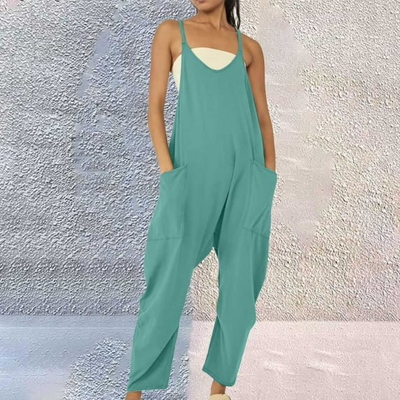 Clearance! One Piece Jumpsuits For Women Womens Casual Summer Jumpsuit Sleeveless Loose Solid Color Strap Loose Jumpsuit Pocket Jumpsuit For Women Plus Size Jumpsuit For Curvy Women Army Green S-5XL
