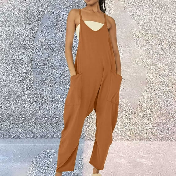 Clearance! One Piece Jumpsuits For Women Womens Casual Summer Jumpsuit Sleeveless Loose Solid Color Strap Loose Jumpsuit Pocket Jumpsuit For Women Plus Size Jumpsuit For Curvy Women Brown S-5XL