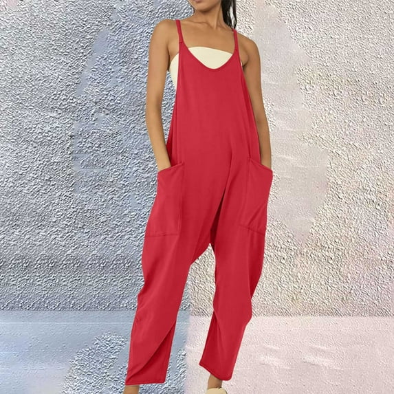 Clearance! One Piece Jumpsuits For Women Womens Casual Summer Jumpsuit Sleeveless Loose Solid Color Strap Loose Jumpsuit Pocket Jumpsuit For Women Plus Size Jumpsuit For Curvy Women Red1 S-5XL