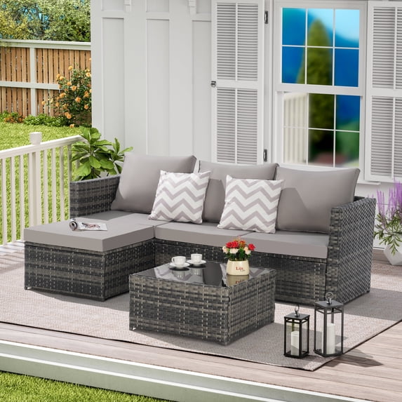 2 Pieces Patio Furniture Set Outdoor Woven Sectional L-Shaped Wicker Conversation Set with Ottoman and Detachable Lounger Table for Backyard Poolside