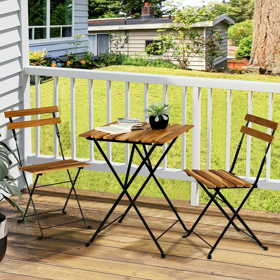 Clearance! Outdoor Folding Bistro Set, 3 Piece Solid Teak Wood Table and Chairs Set, Modern Patio Furniture Sets with Powder Coating Frame and Navy Cushion, Small Bistro Set for Garden Porch, J2891